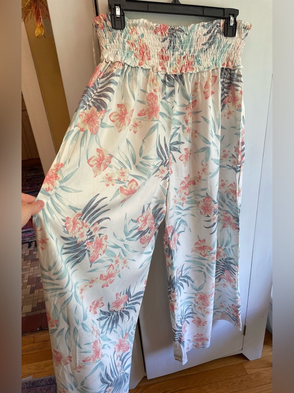 Beachwear by Japna Wide Leg Pants Smocked Waist white & Tropical Print